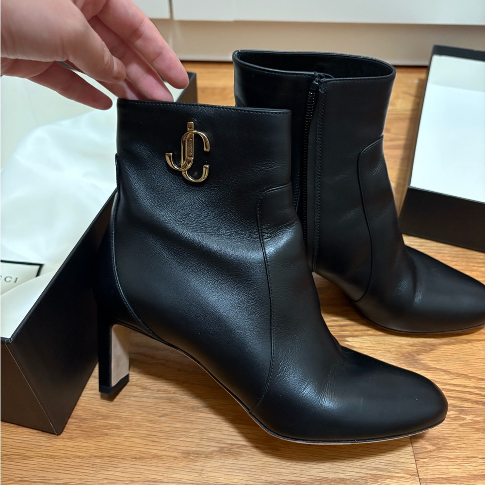 Jimmy Choo Black Leather Heeled Boots with Gold Accent